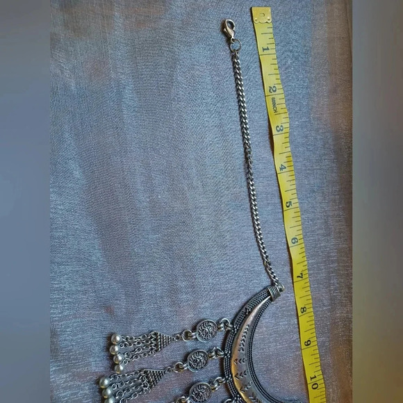 A Silver Boho Fringe Coin Charm Pendant Bib Choker Necklace - Picture 6 of 7